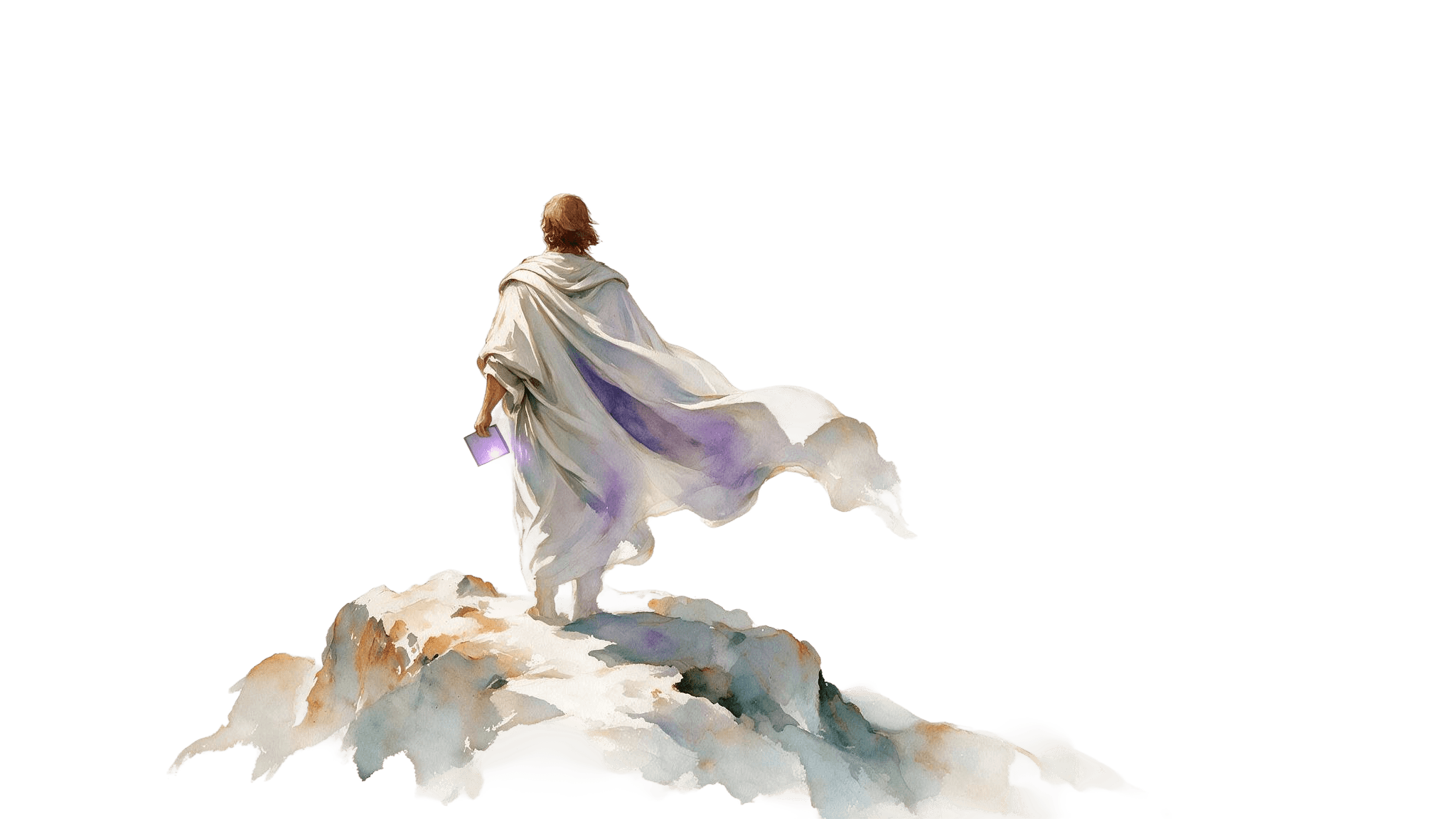 Watercolour painting of a cloaked figure on a cliff looking toward a distant city