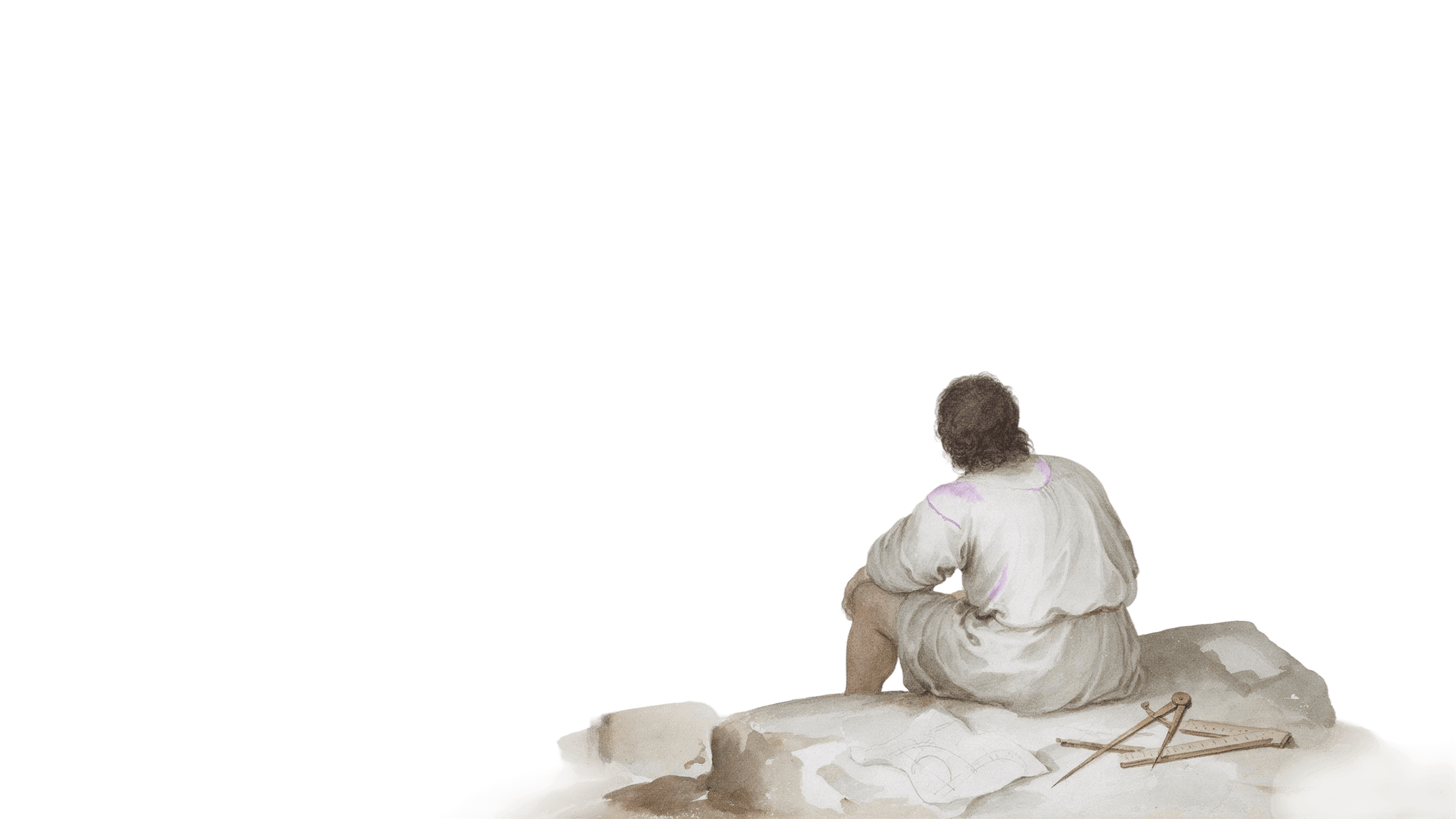 Watercolour painting of a figure seated by a stone bridge under construction
