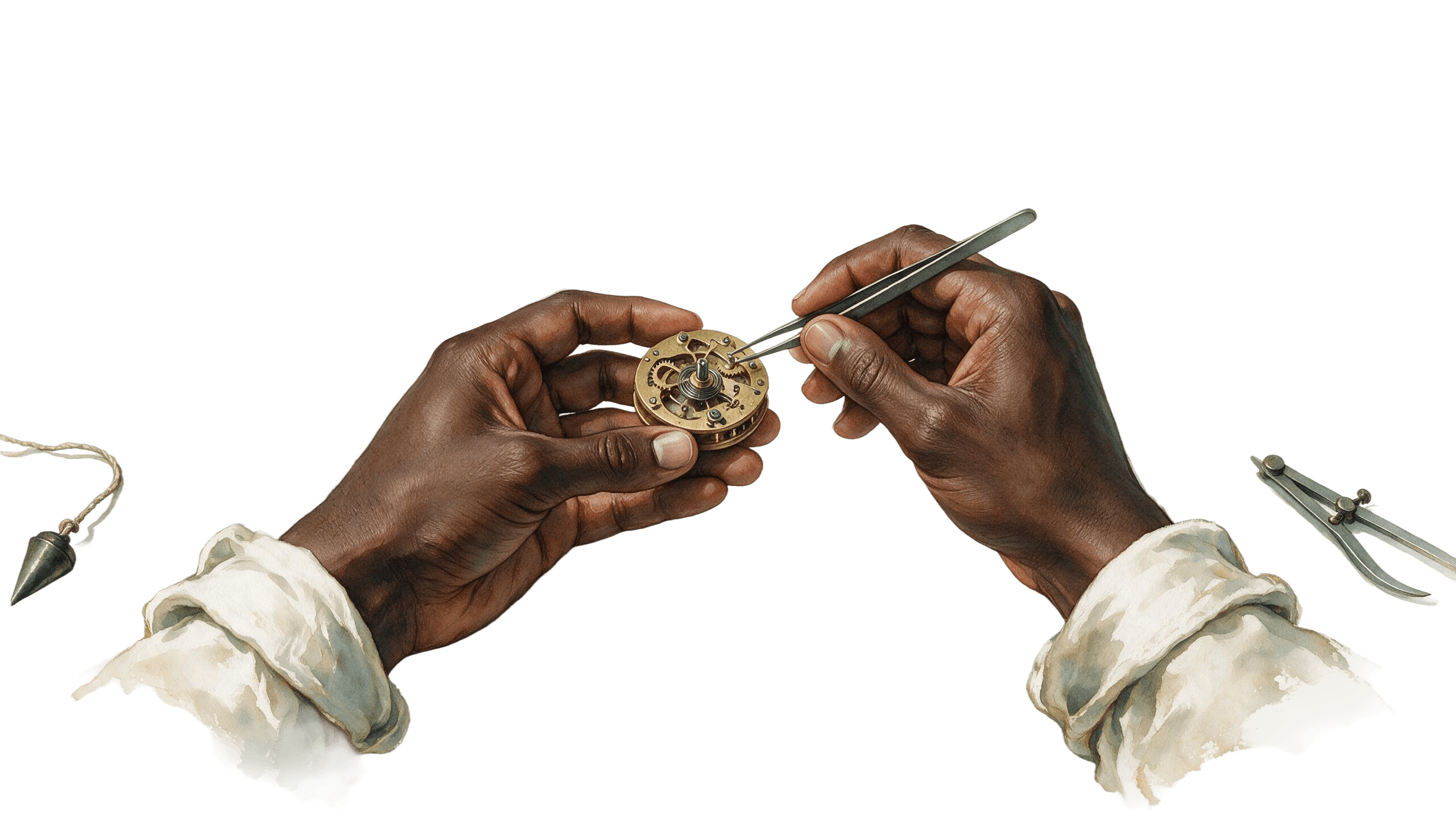 Watercolour painting of hands assembling a mechanical watch