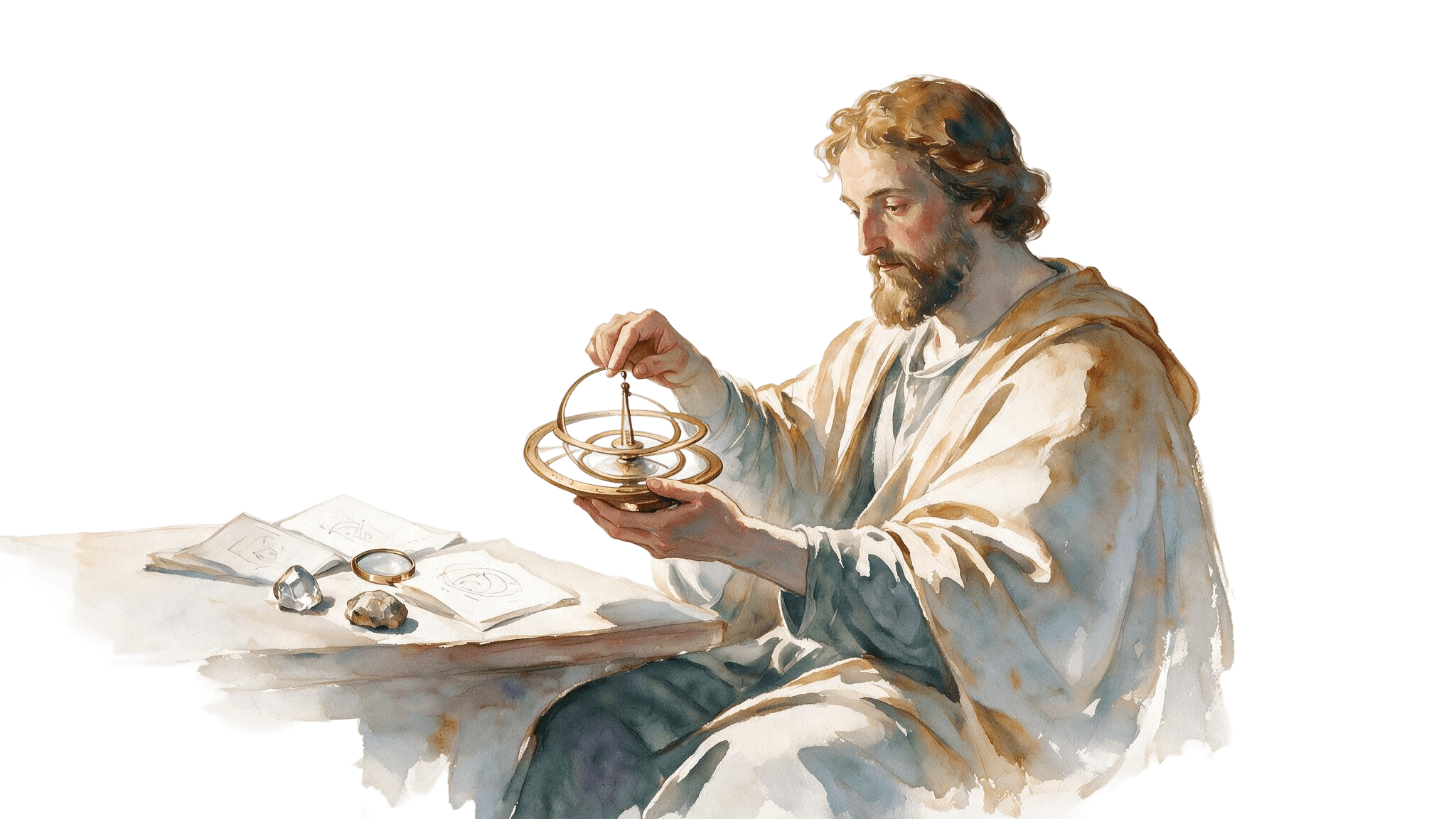 Watercolour painting of a scholar examining an armillary sphere at a desk